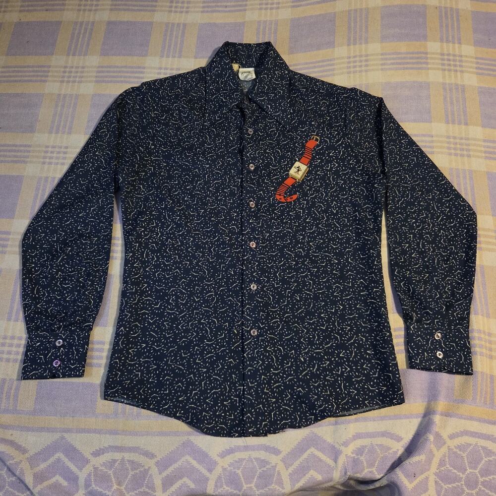 Vtg Kennington Mickey Mouse Full Art Watch Time Print Button Shirt Fantasia 70s